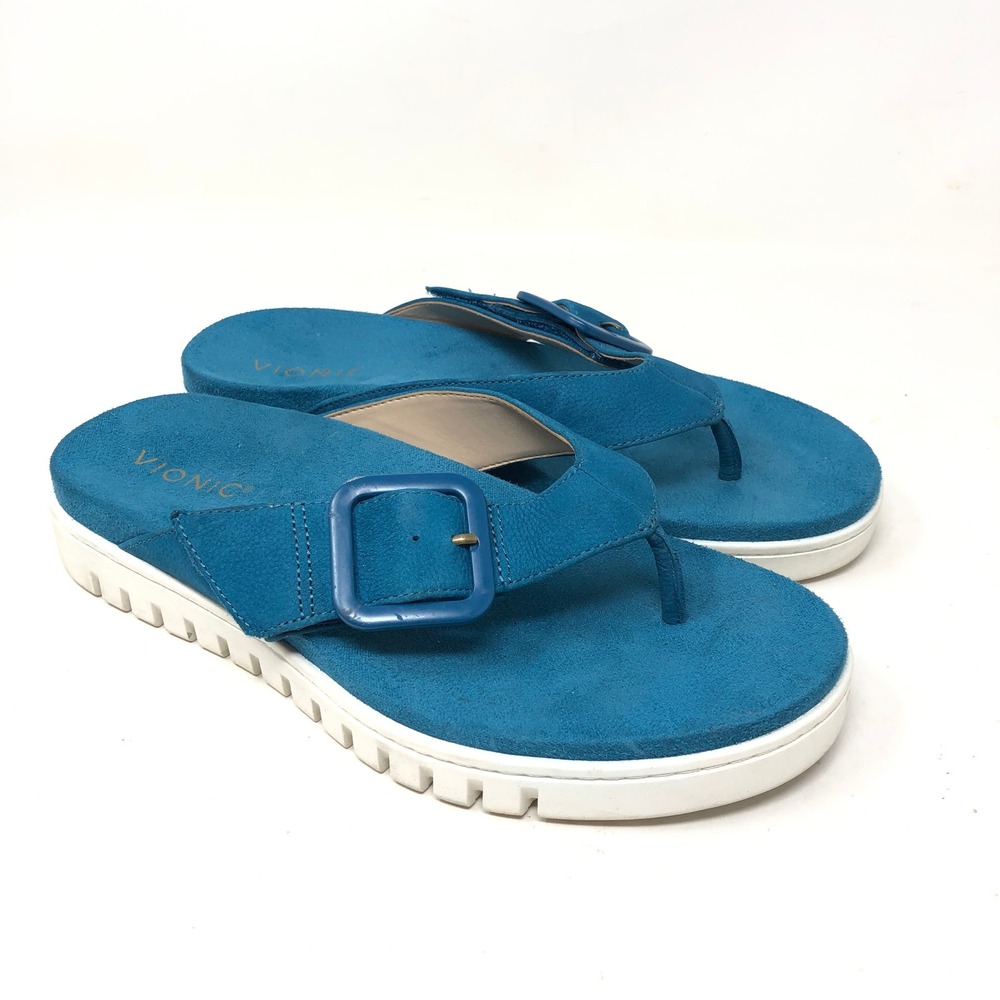 Vionic Womens 8 Wide Uptown Marin Sandals Blue‎ Suede Buckle Thong Flip Flops